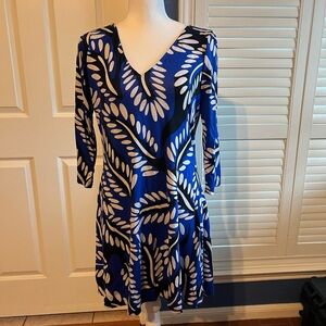 Diane Von Furstenberg Blue Black V-Neck A-Line Dress